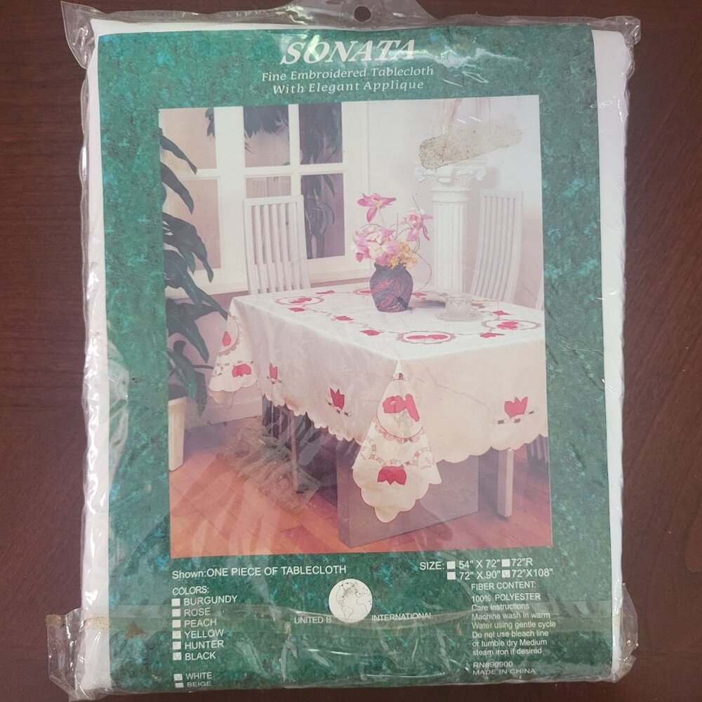 Sonata 54"x72" Embroidered Tablecloth With Applique White & Black Polyester